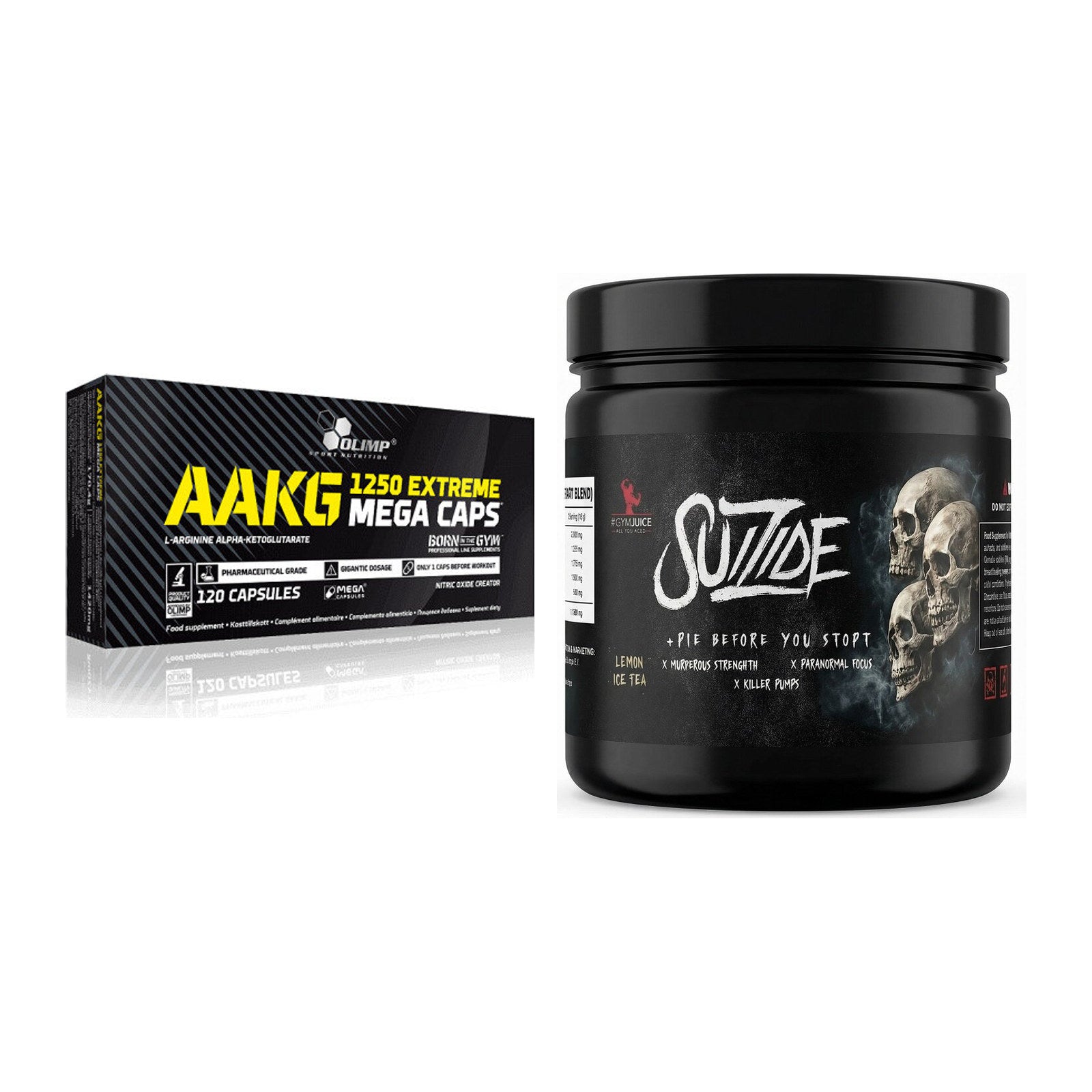 Pump-Set: Olimp AAKG Extreme Mega Caps + #GYMJUICE SUIZIDE Booster – alle enthaltenen Artikel