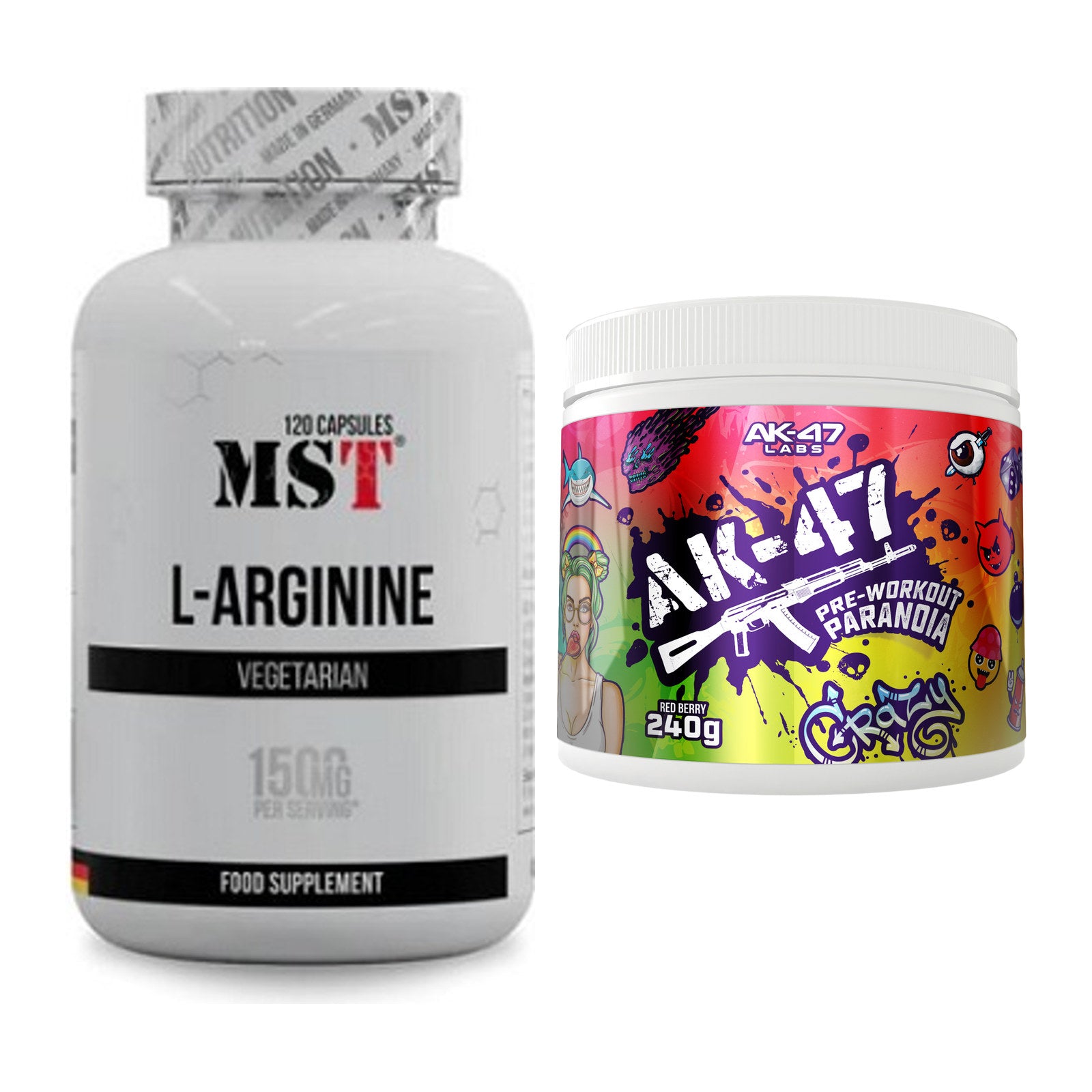 Pump-Set: MST L-Arginine 120 Kaps. + AK47 Labs Pre-Workout Paranoia – alle enthaltenen Artikel