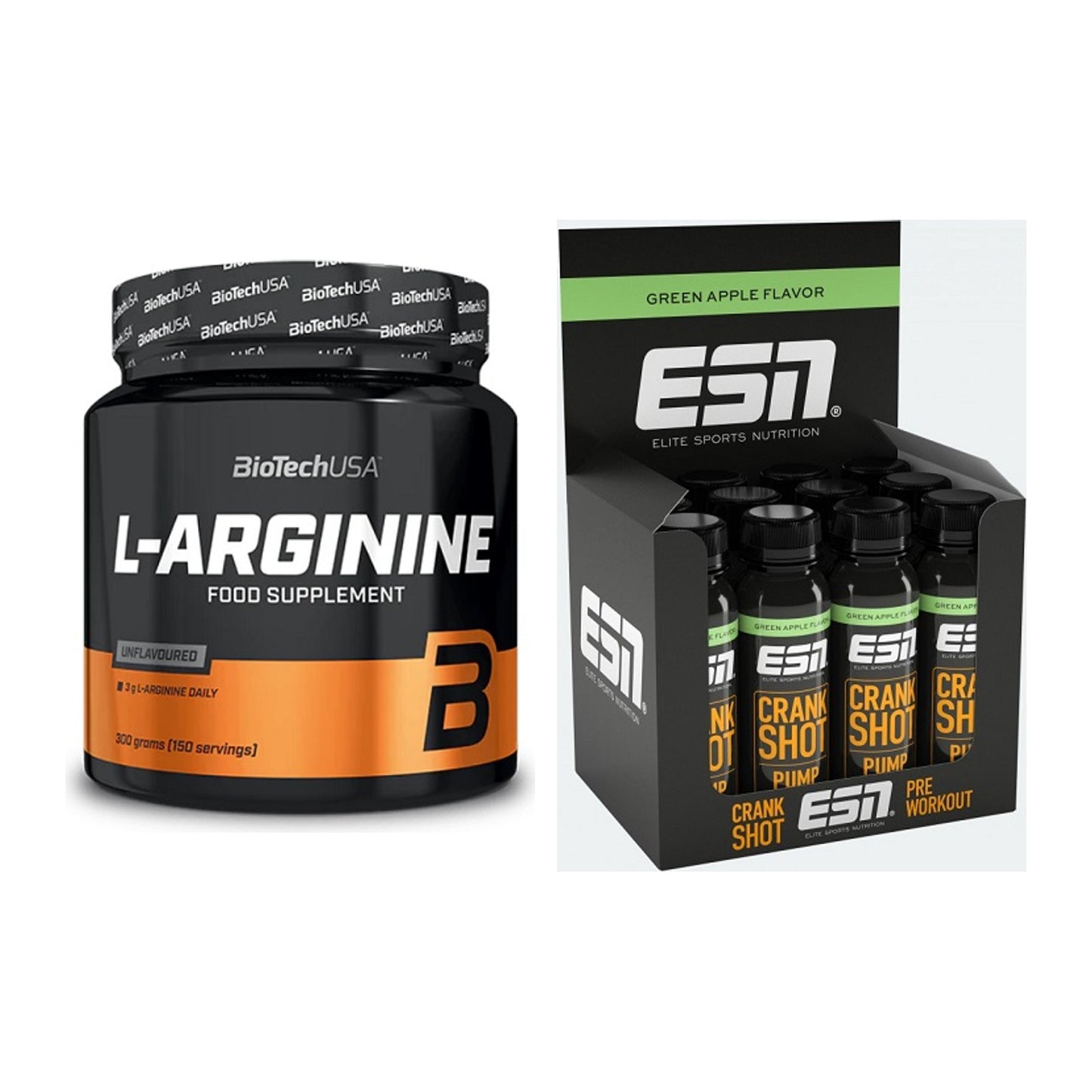 Pump-Set: BioTech L-Arginin + ESN Crank Pump Shot – alle enthaltenen Artikel