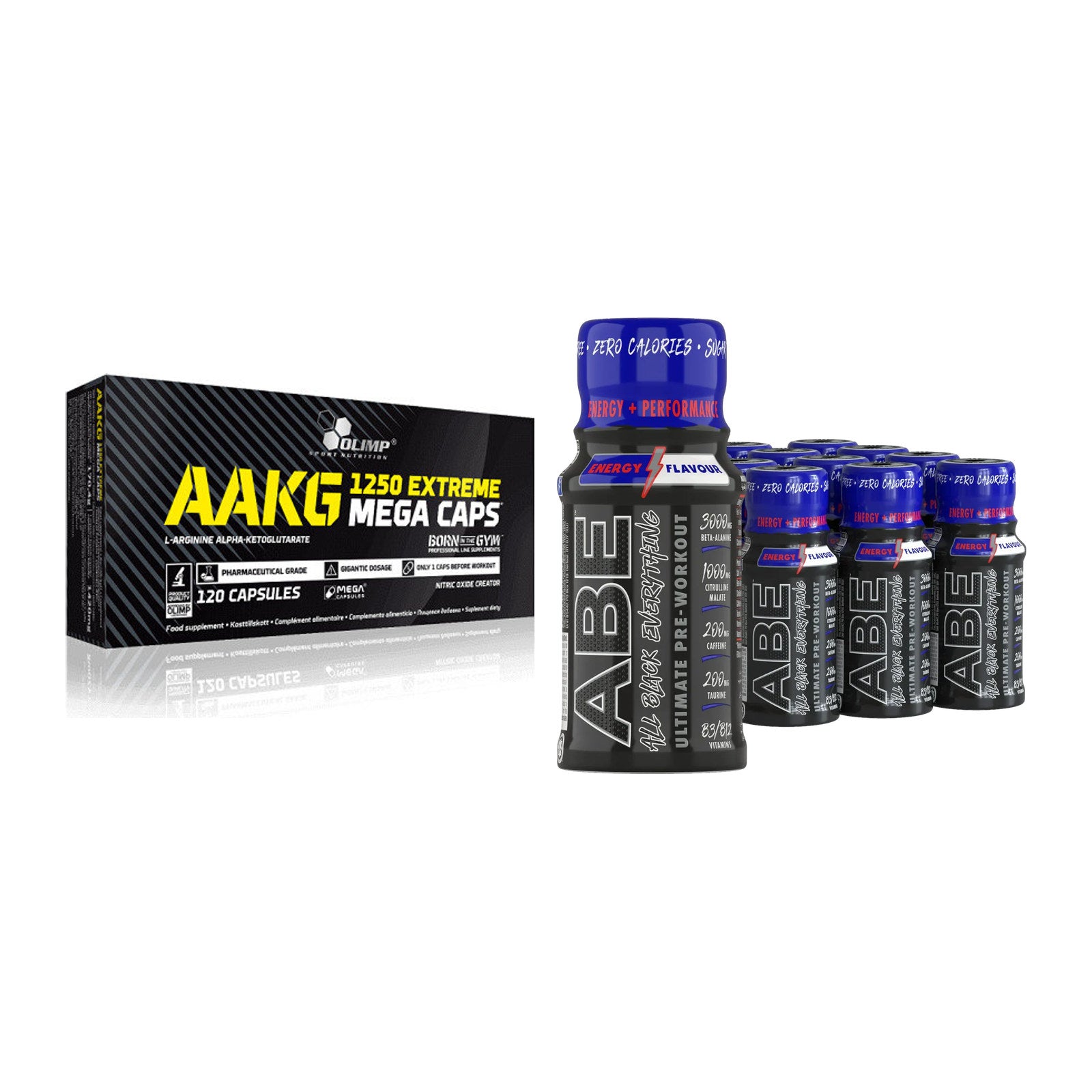 Pump-Set: Olimp AAKG Extreme Mega Caps + Applied ABE Pre-Workout SHOTS – alle enthaltenen Artikel