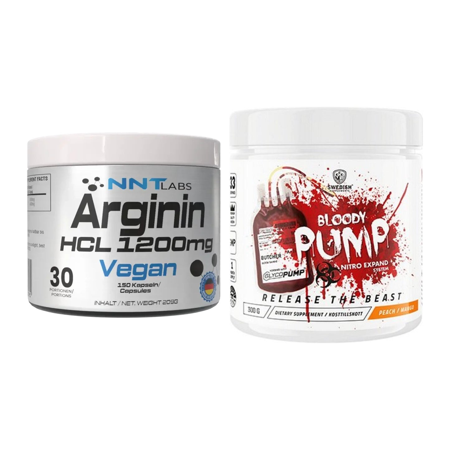 Pump-Set: NNT Arginin HCL 1200 mg + Swedish Supplements Bloody Pump – alle enthaltenen Artikel