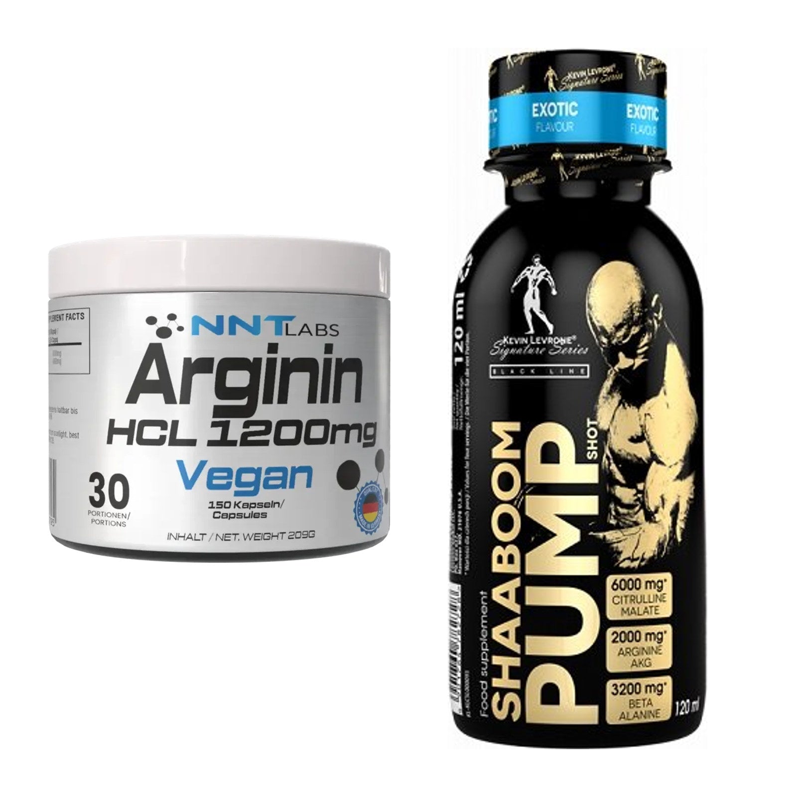 Pump-Set: NNT Arginin HCL 1200 mg + Kevin Levrone Shaaboom Pump Shot – alle enthaltenen Artikel