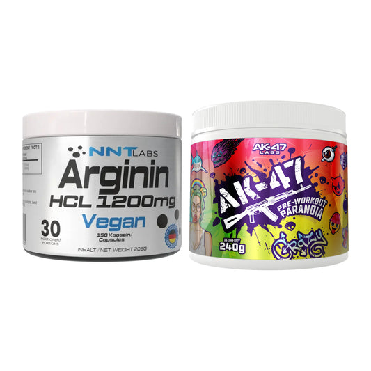 Pump-Set: NNT Arginin HCL 1200 mg + AK47 Labs Pre-Workout Paranoia – alle enthaltenen Artikel