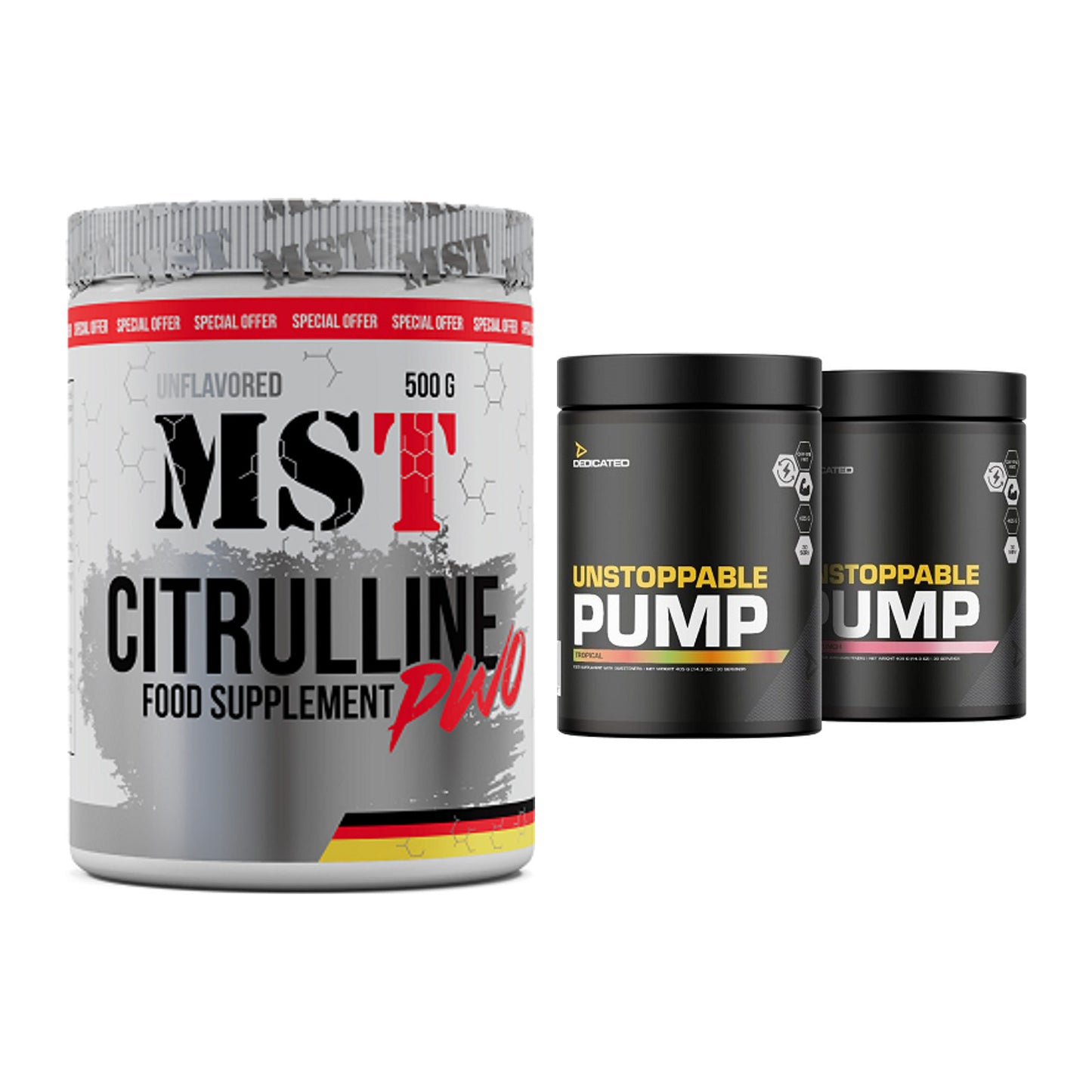 Pump-Set: MST Citrulline Malat 500g + Dedicated Unstoppable Pump – alle enthaltenen Artikel