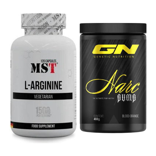 Pump-Set: MST L-Arginine 120 Kaps. + GN Narc Pump 460g (Blood Orange) – alle enthaltenen Artikel