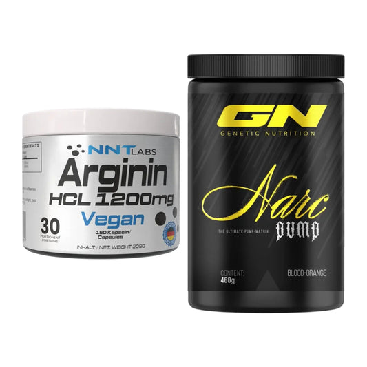 Pump-Set: NNT Arginin HCL 1200 mg + GN Narc Pump 460g (Blood Orange) – alle enthaltenen Artikel