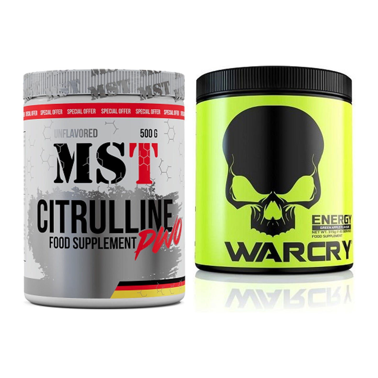 Pump-Set: MST Citrulline Malat 500g + Genius Nutrition Warcry Energy – alle enthaltenen Artikel
