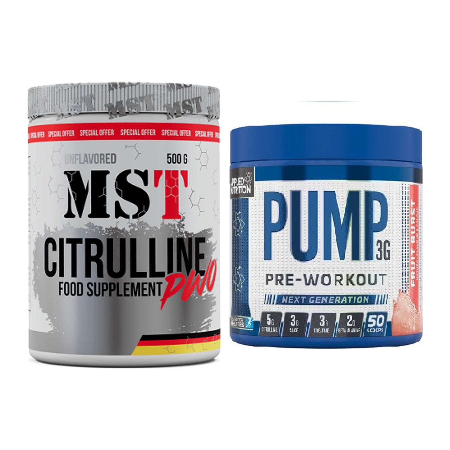 Pump-Set: MST Citrulline Malat 500g + Applied Nutrition Pump 3G 375g – alle enthaltenen Artikel