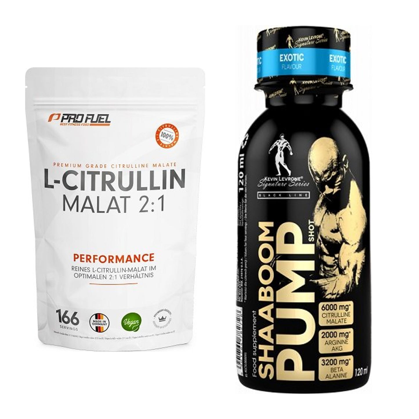 Pump-Set: ProFuel L-Citrullin Malat + Kevin Levrone Shaaboom Pump Shot – alle enthaltenen Artikel