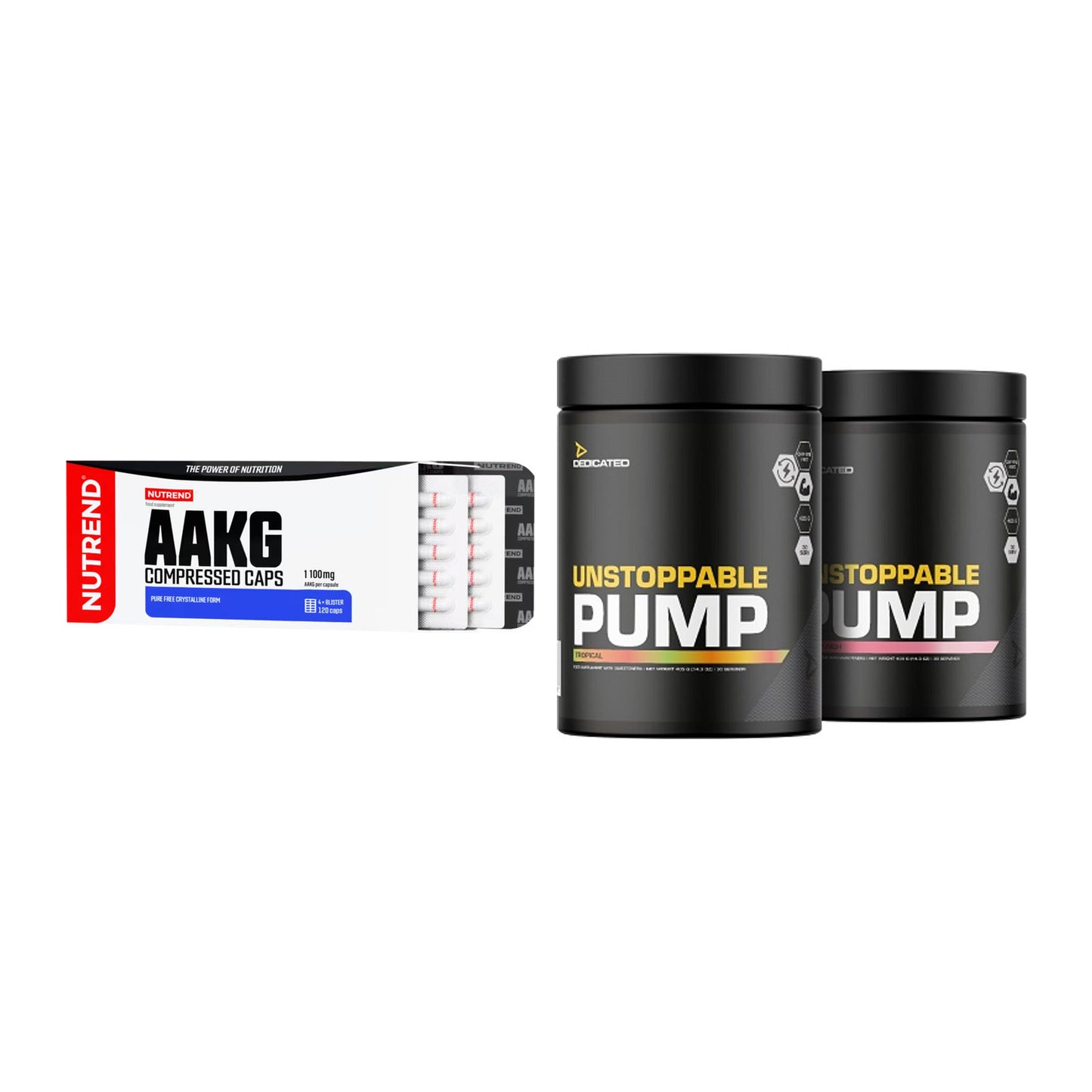 Pump-Set: Nutrend AAKG Compressed Kapseln + Dedicated Unstoppable Pump – alle enthaltenen Artikel
