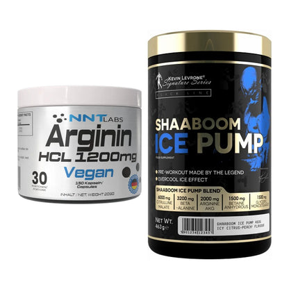 Pump-Set: NNT Arginin HCL 1200 mg + Kevin Levrone Shaaboom Ice Pump – alle enthaltenen Artikel