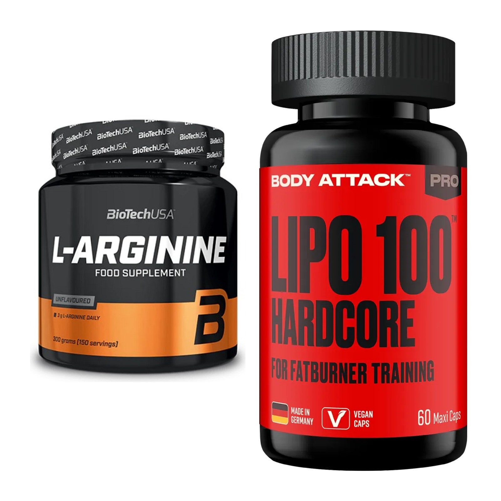 Pump-Set: BioTech L-Arginin + Body Attack LIPO 100-HARDCORE – alle enthaltenen Artikel
