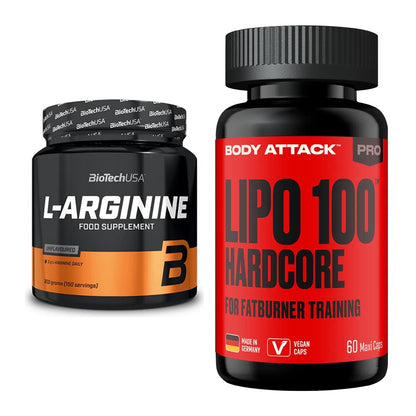 Pump-Set: BioTech L-Arginin + Body Attack LIPO 100-HARDCORE – alle enthaltenen Artikel