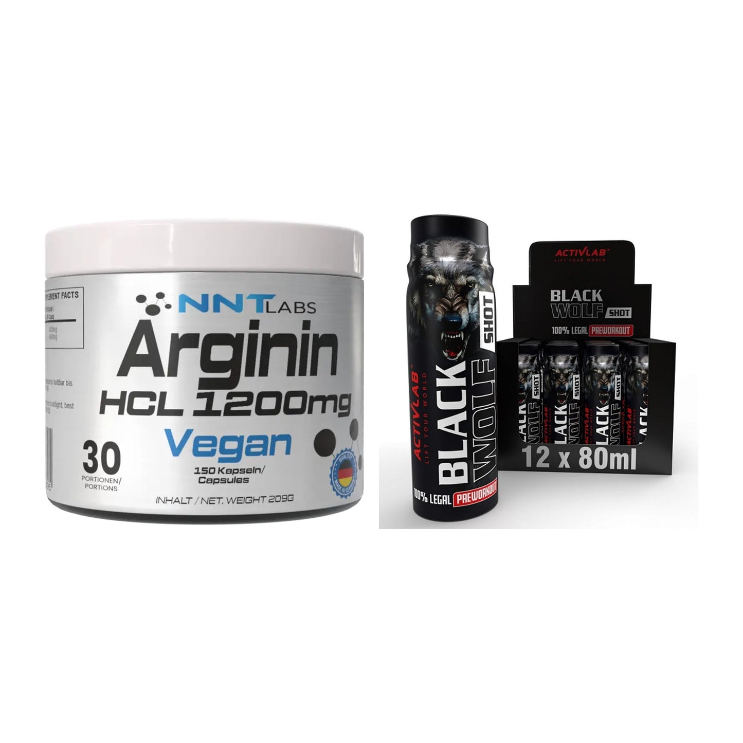 Pump-Set: NNT Arginin HCL 1200 mg + Activlab Black Wolf Preworkout – alle enthaltenen Artikel