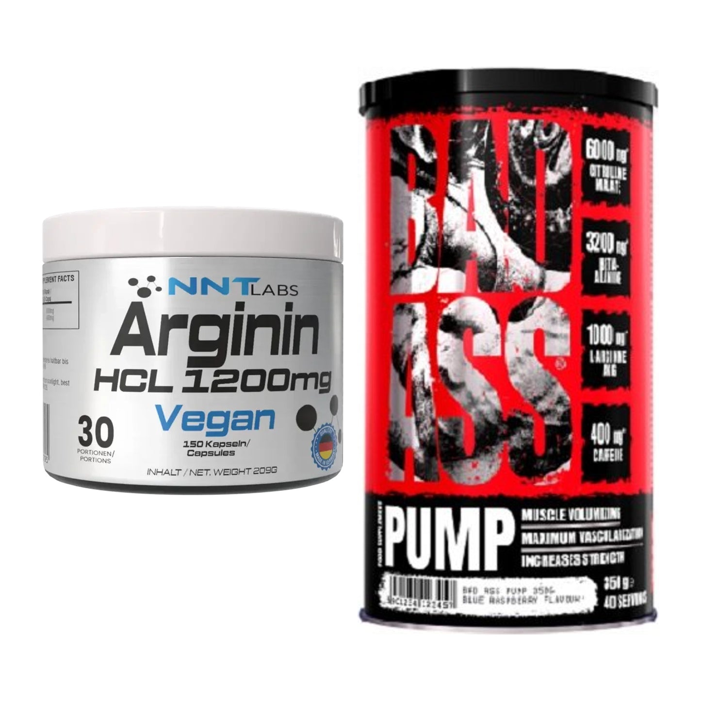 Pump-Set: NNT Arginin HCL 1200 mg + BAD ASS Pump 350g (Dragon Fruit) – alle enthaltenen Artikel