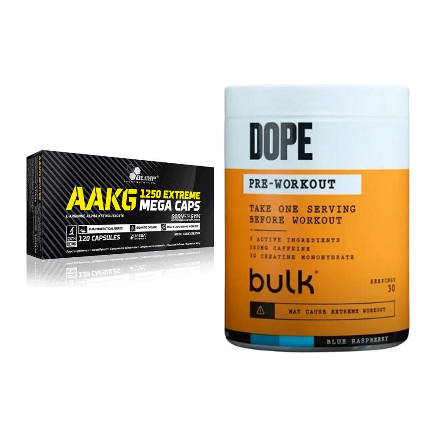 Pump-Set: Olimp AAKG Extreme Mega Caps + Bulk Dope Pre-Workout 30 – alle enthaltenen Artikel