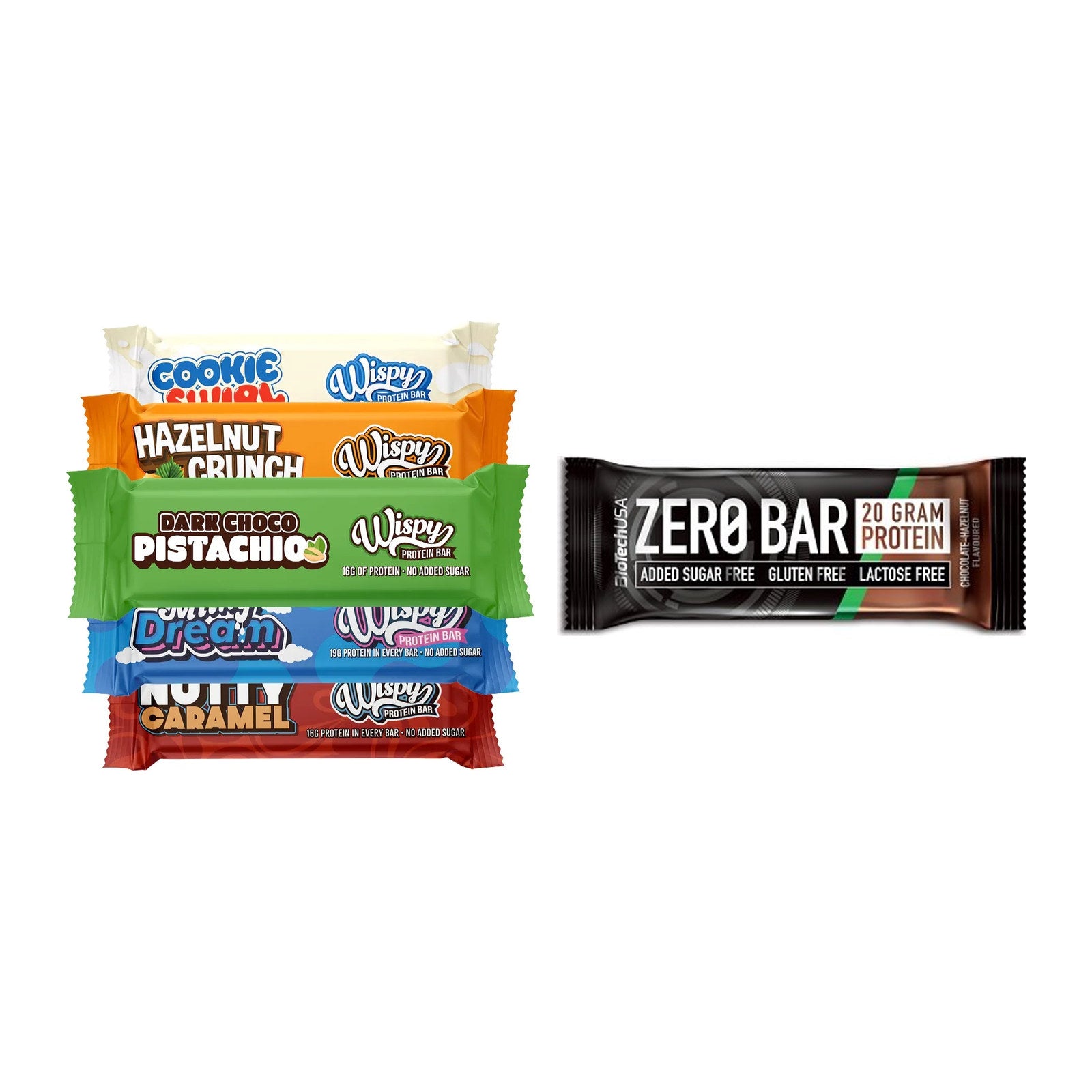 Riegel-Monatsration XXL: Wispy Protein Bar – 30 Tage, 70 Riegel – alle enthaltenen Artikel