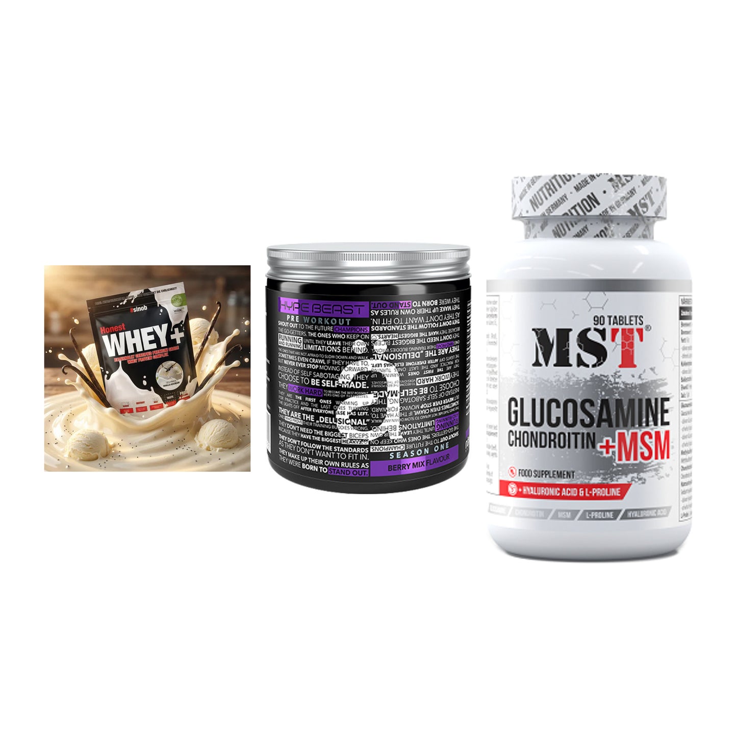Regenerations-Set: Sinob Honest + Nanosupps Hype + MST Glucosamine – alle enthaltenen Artikel