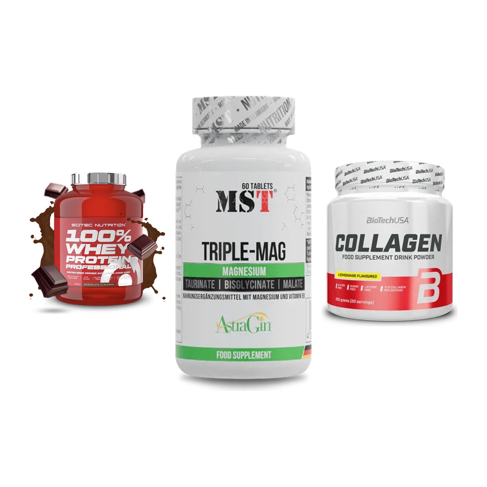 Regenerations-Set: Scitec 100% + MST Tripple Mag + BioTech Collage – alle enthaltenen Artikel