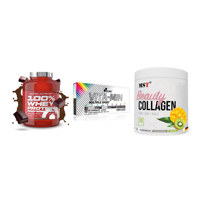Regenerations-Set: Scitec 100% + Olimp Vita-Min + MST Beauty – alle enthaltenen Artikel