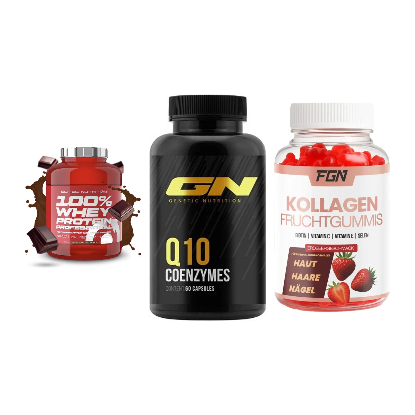 Regenerations-Set: Scitec 100% + GN Q10 Health + FGN Kollagen 60 – alle enthaltenen Artikel