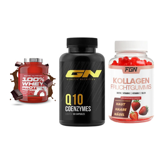 Regenerations-Set: Scitec 100% + GN Q10 Health + FGN Kollagen 60 – alle enthaltenen Artikel