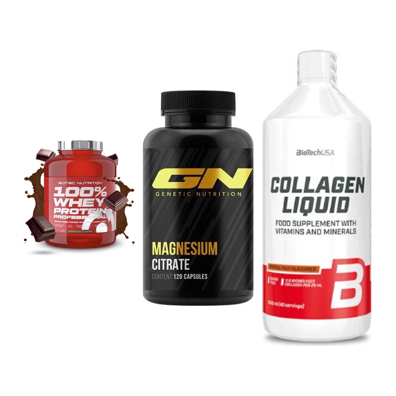 Regenerations-Set: Scitec 100% + GN Magnesium + BioTech Collage – alle enthaltenen Artikel