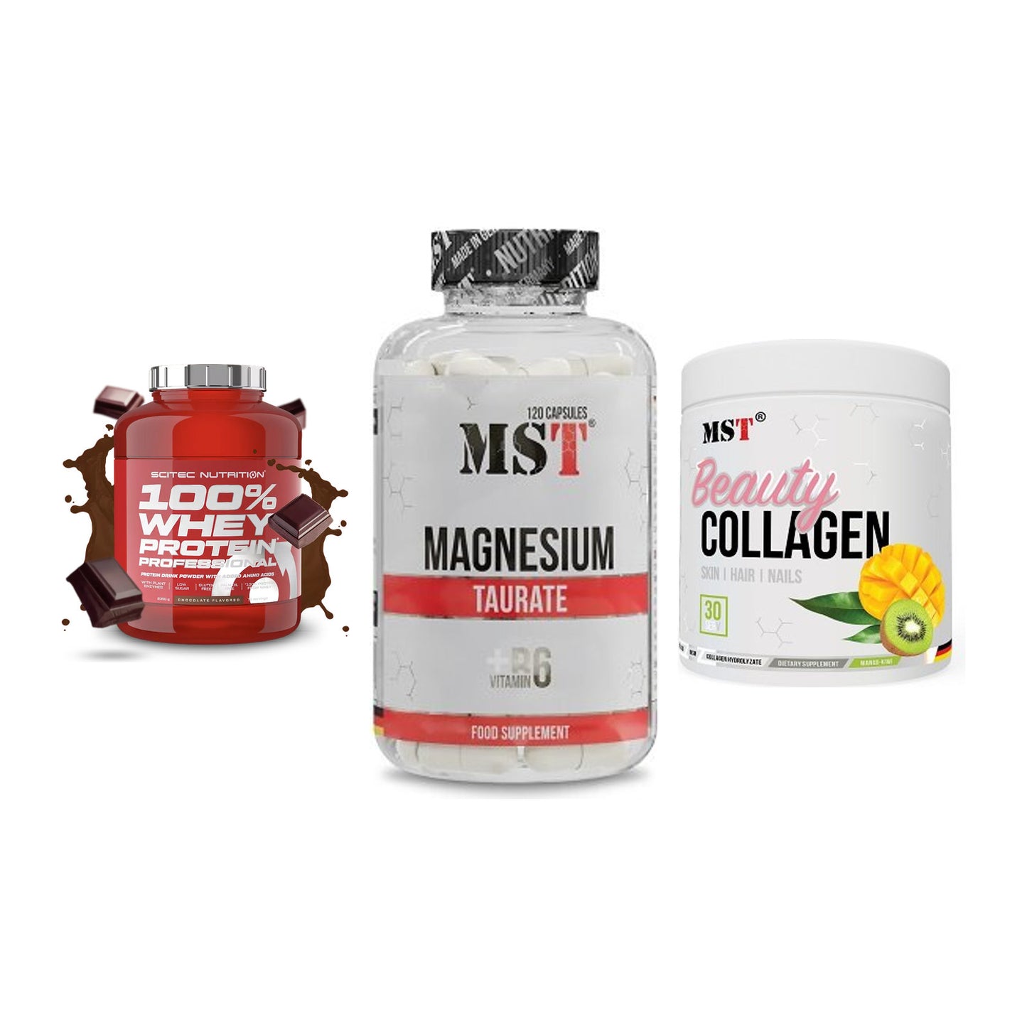 Regenerations-Set: Scitec 100% + MST Magnesium + MST Beauty – alle enthaltenen Artikel
