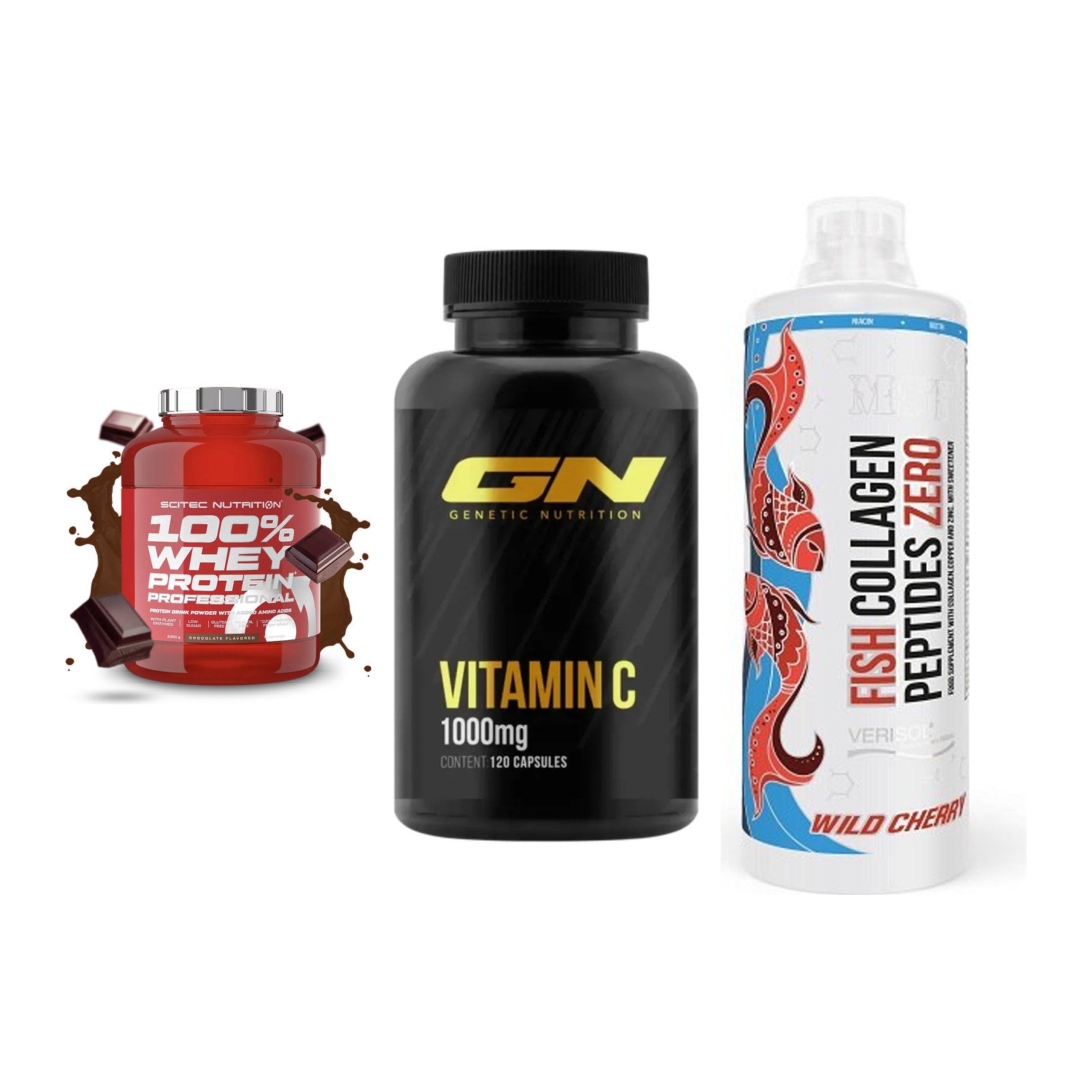 Regenerations-Set: Scitec 100% + GN Vitamin C + MST Fish – alle enthaltenen Artikel