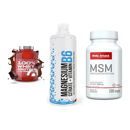 Regenerations-Set: Scitec 100% + MST Magnesium + Body Attack MSM – alle enthaltenen Artikel