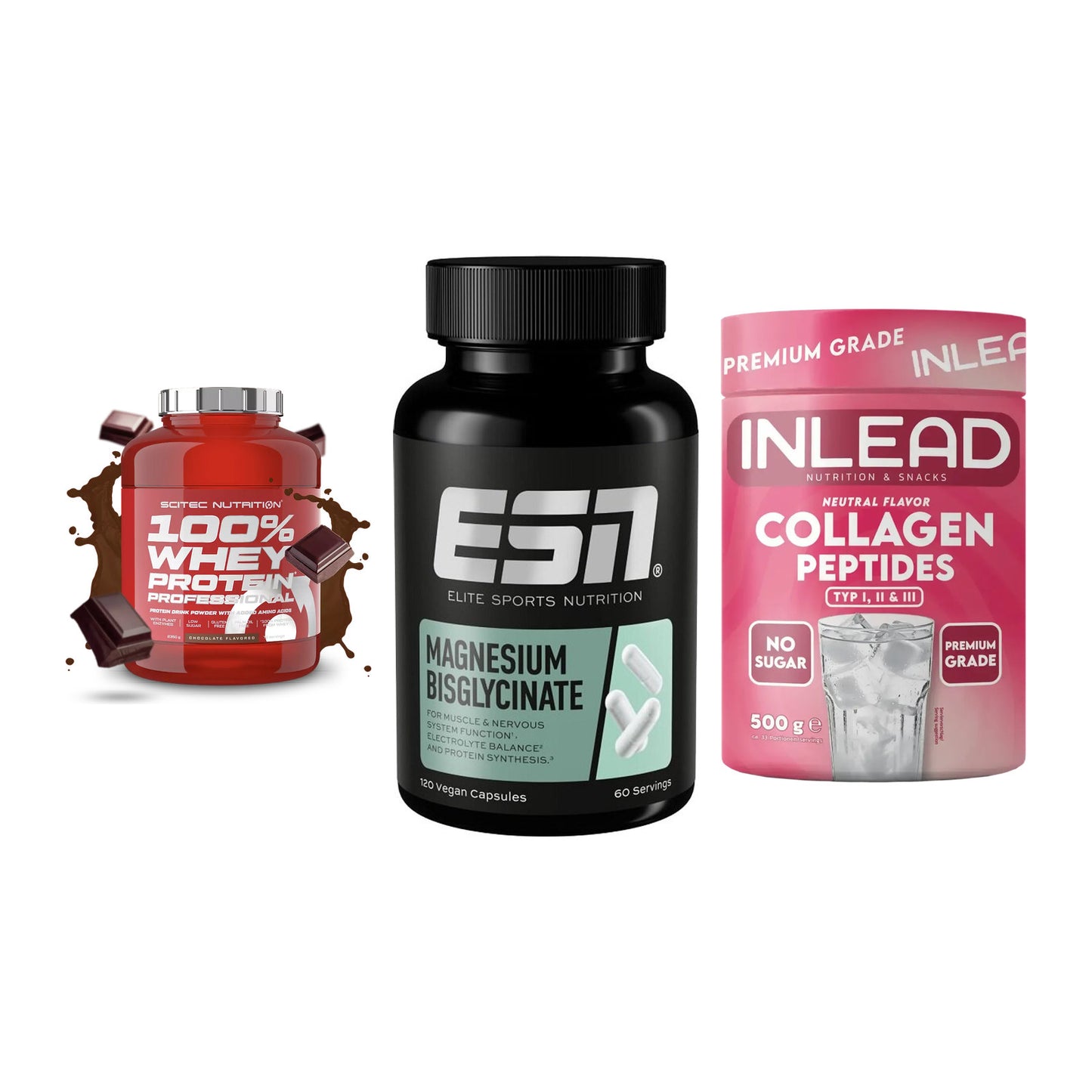 Regenerations-Set: Scitec 100% + ESN Magnesium + INLEAD Collagen – alle enthaltenen Artikel
