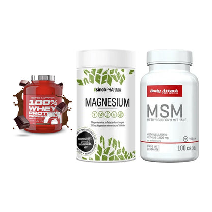 Regenerations-Set: Scitec 100% + Sinob Magnesium + Body Attack MSM – alle enthaltenen Artikel