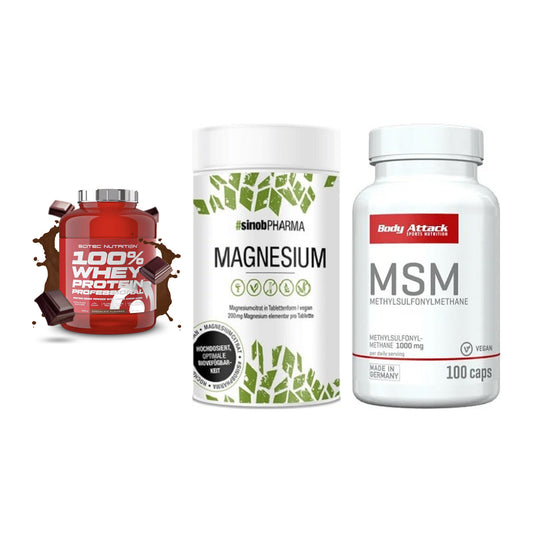 Regenerations-Set: Scitec 100% + Sinob Magnesium + Body Attack MSM – alle enthaltenen Artikel