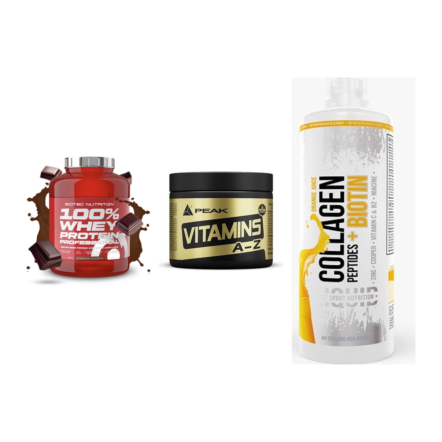 Regenerations-Set: Scitec 100% + Peak Vitamin + MST Collagen – alle enthaltenen Artikel