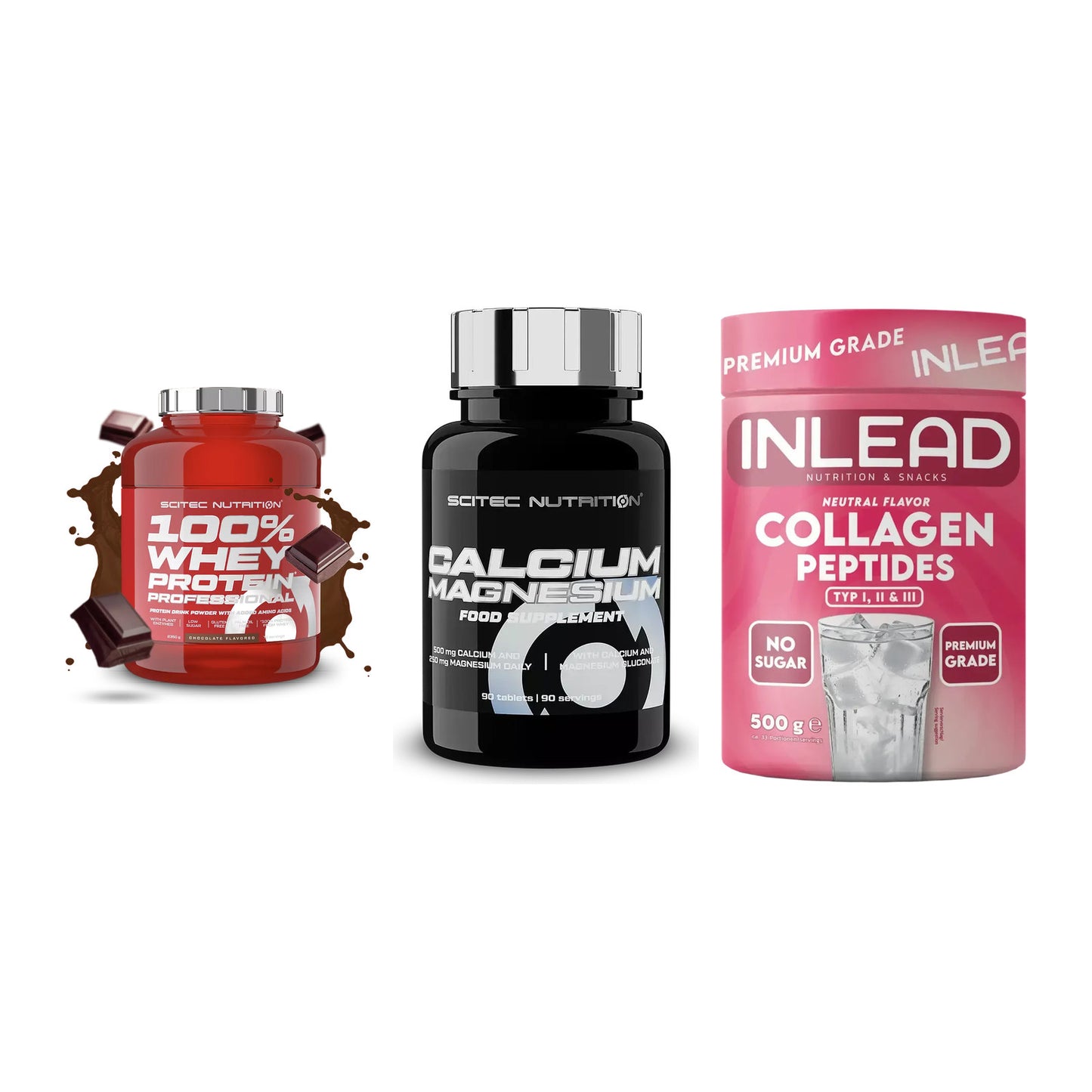 Regenerations-Set: Scitec 100% + Scitec Calcium + INLEAD Collagen – alle enthaltenen Artikel