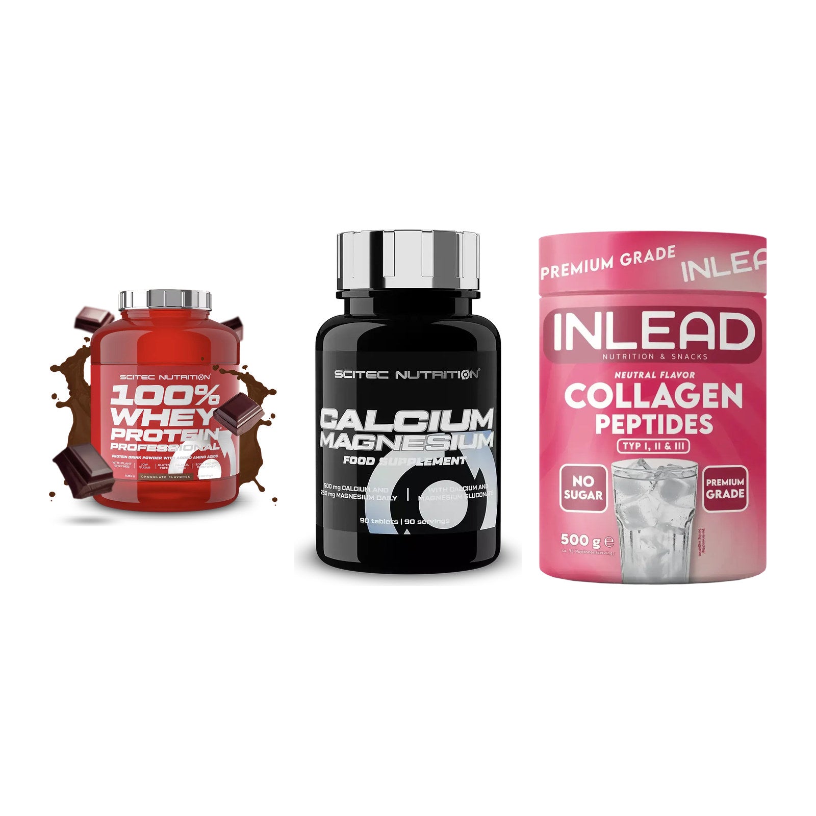Regenerations-Set: Scitec 100% + Scitec Calcium + INLEAD Collagen – alle enthaltenen Artikel