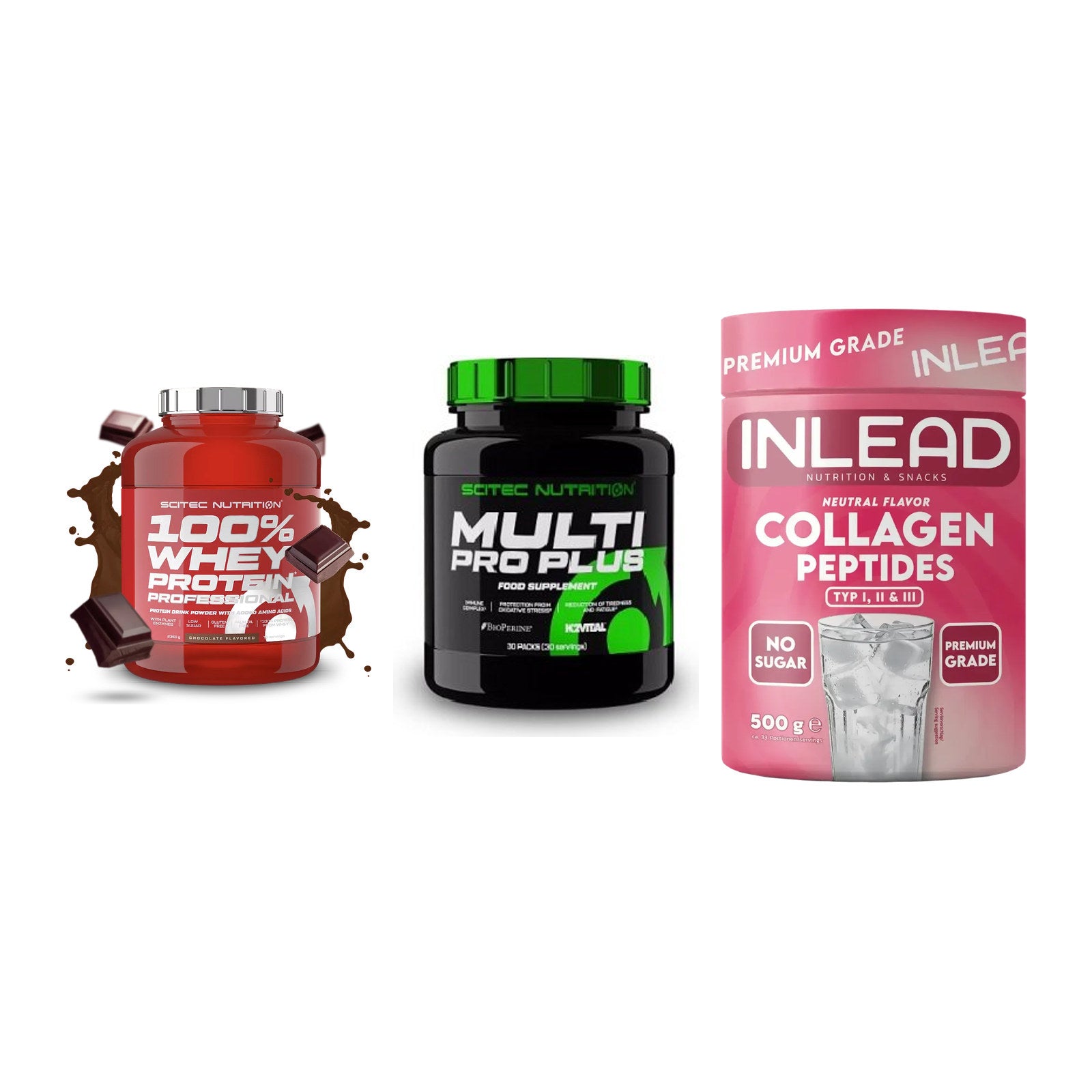 Regenerations-Set: Scitec 100% + Scitec Multi + INLEAD Collagen – alle enthaltenen Artikel