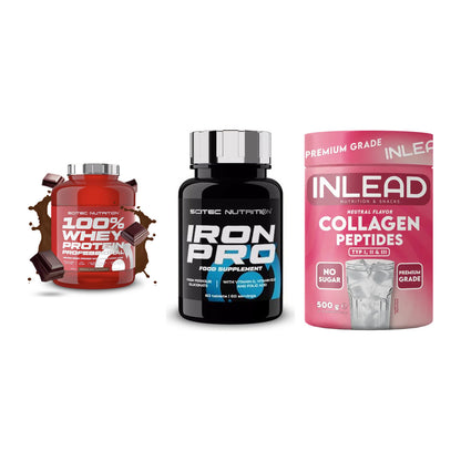 Regenerations-Set: Scitec 100% + Scitec Iron Pro + INLEAD Collagen – alle enthaltenen Artikel