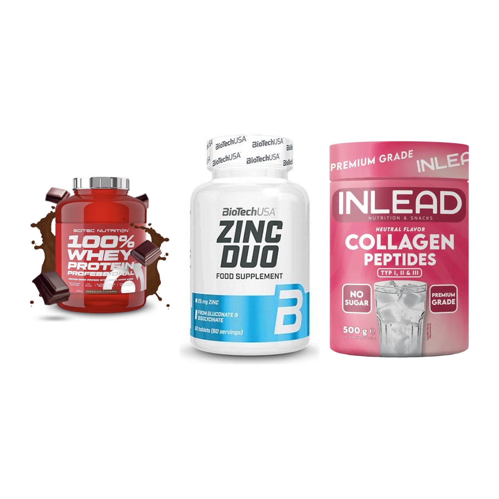 Regenerations-Set: Scitec 100% + BioTech Zinc + INLEAD Collagen – alle enthaltenen Artikel