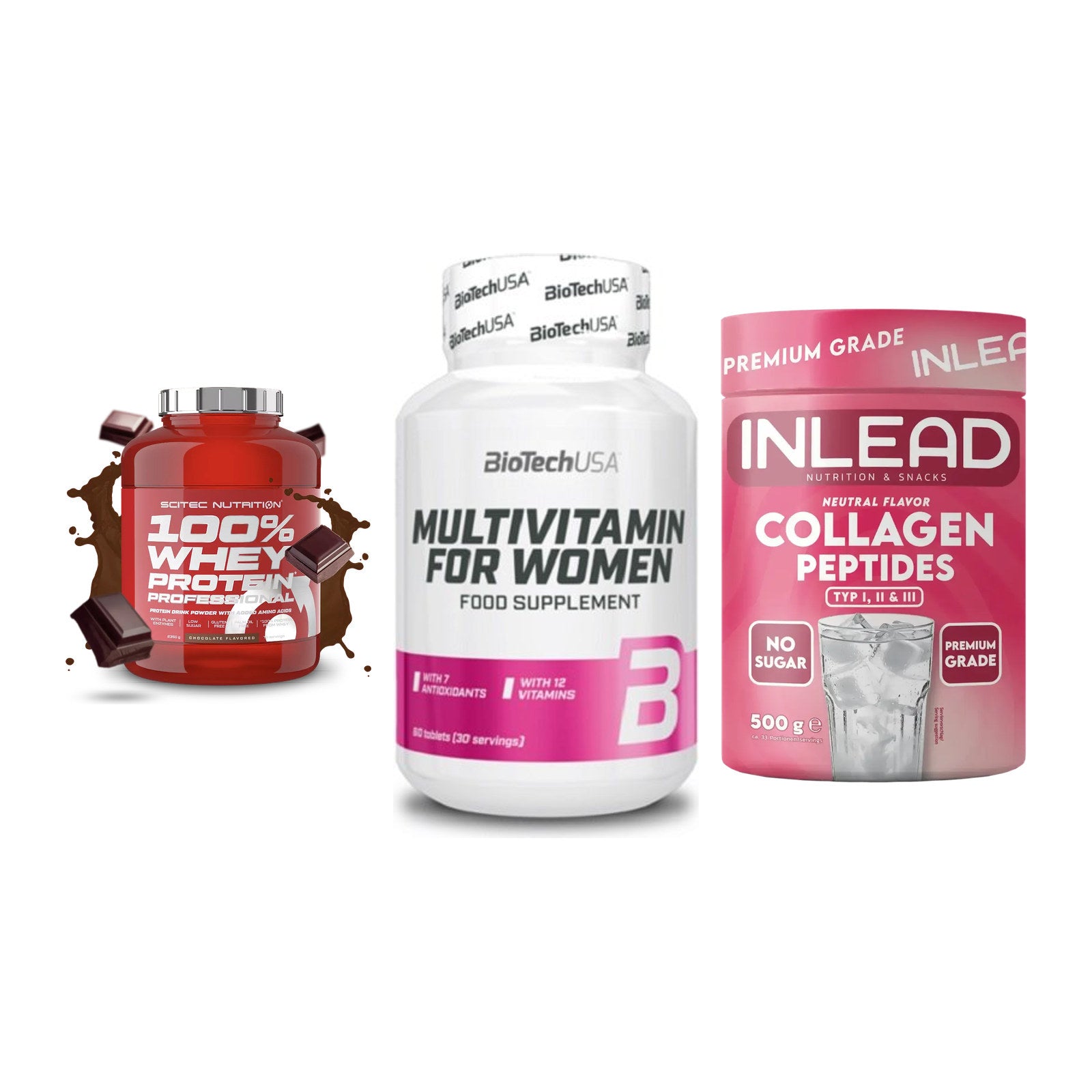 Regenerations-Set: Scitec 100% + BioTech Multivi + INLEAD Collagen – alle enthaltenen Artikel