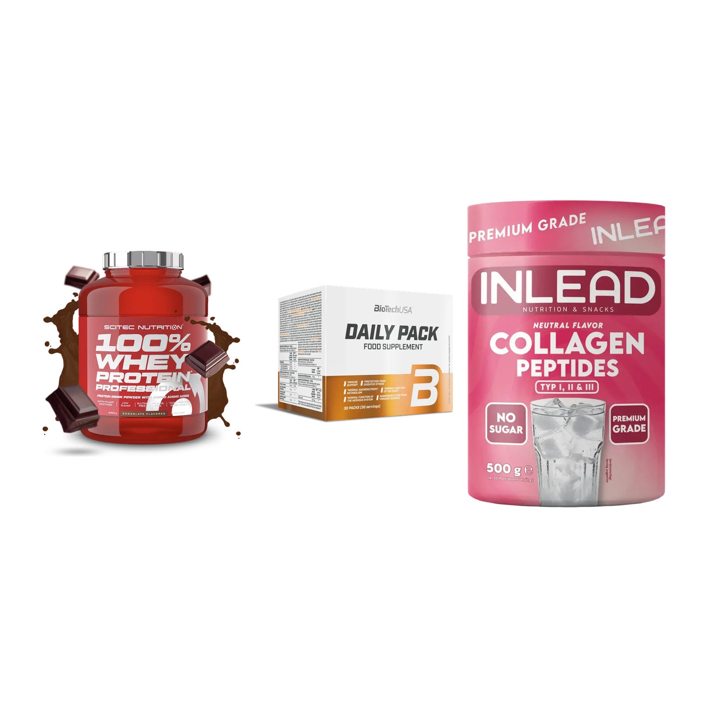 Regenerations-Set: Scitec 100% + BioTech Daily + INLEAD Collagen – alle enthaltenen Artikel