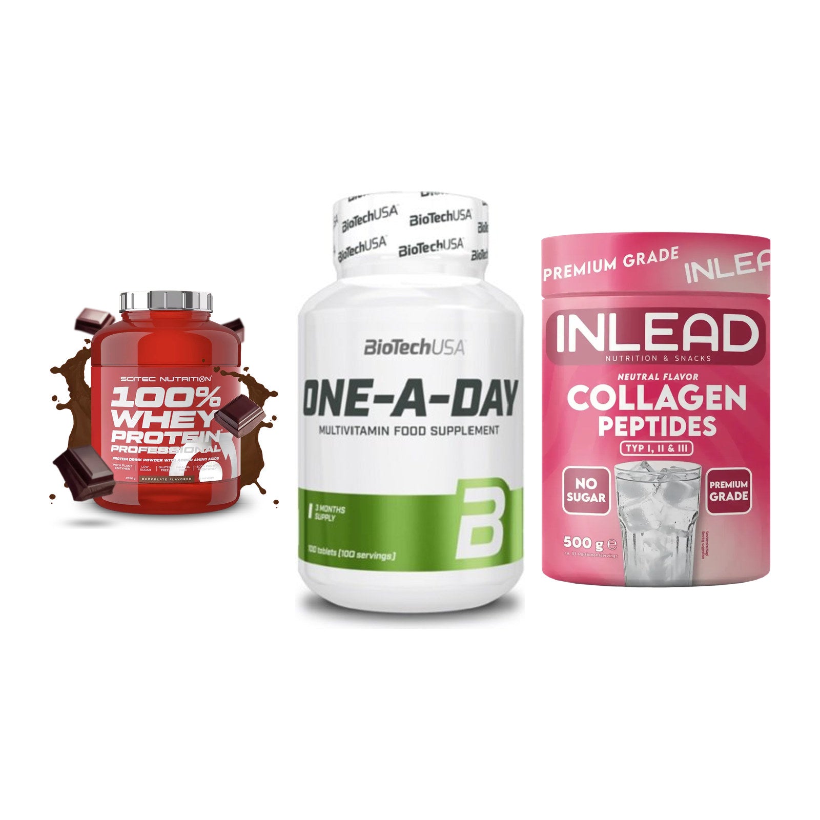 Regenerations-Set: Scitec 100% + BioTech One A + INLEAD Collagen – alle enthaltenen Artikel