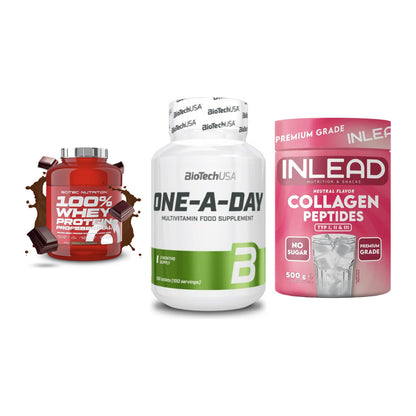 Regenerations-Set: Scitec 100% + BioTech One A + INLEAD Collagen – alle enthaltenen Artikel