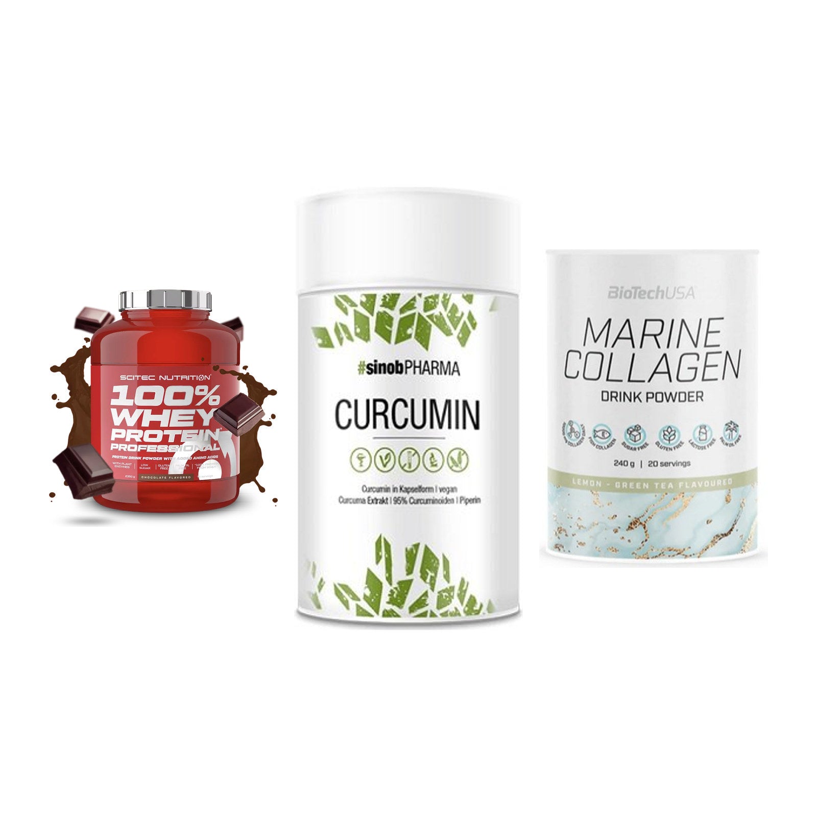 Regenerations-Set: Scitec 100% + Sinob Curcumin + BioTech Marine – alle enthaltenen Artikel