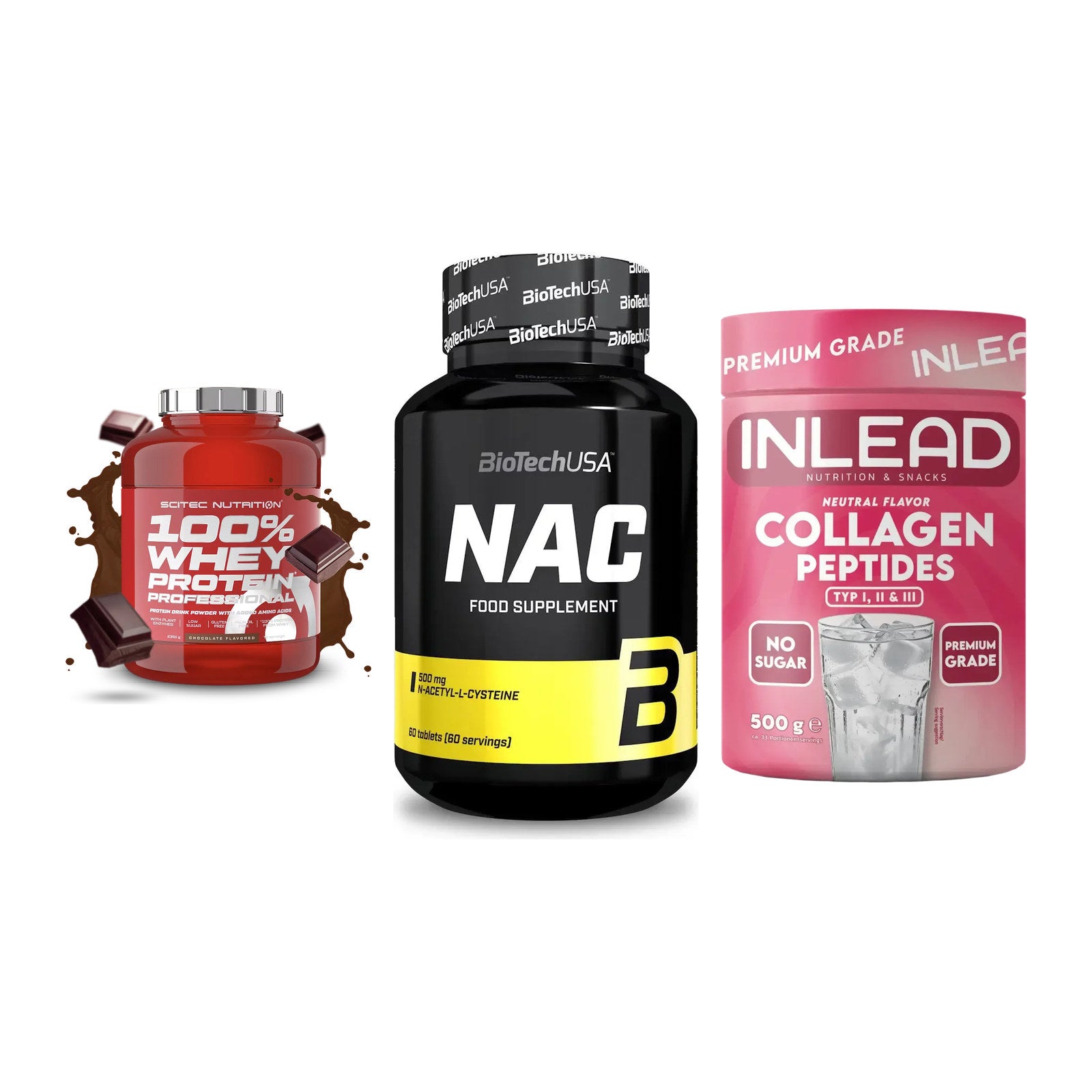 Regenerations-Set: Scitec 100% + BioTech NAC + INLEAD Collagen – alle enthaltenen Artikel