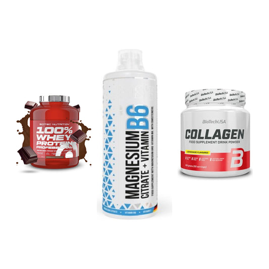 Regenerations-Set: Scitec 100% + MST Magnesium + BioTech Collage – alle enthaltenen Artikel