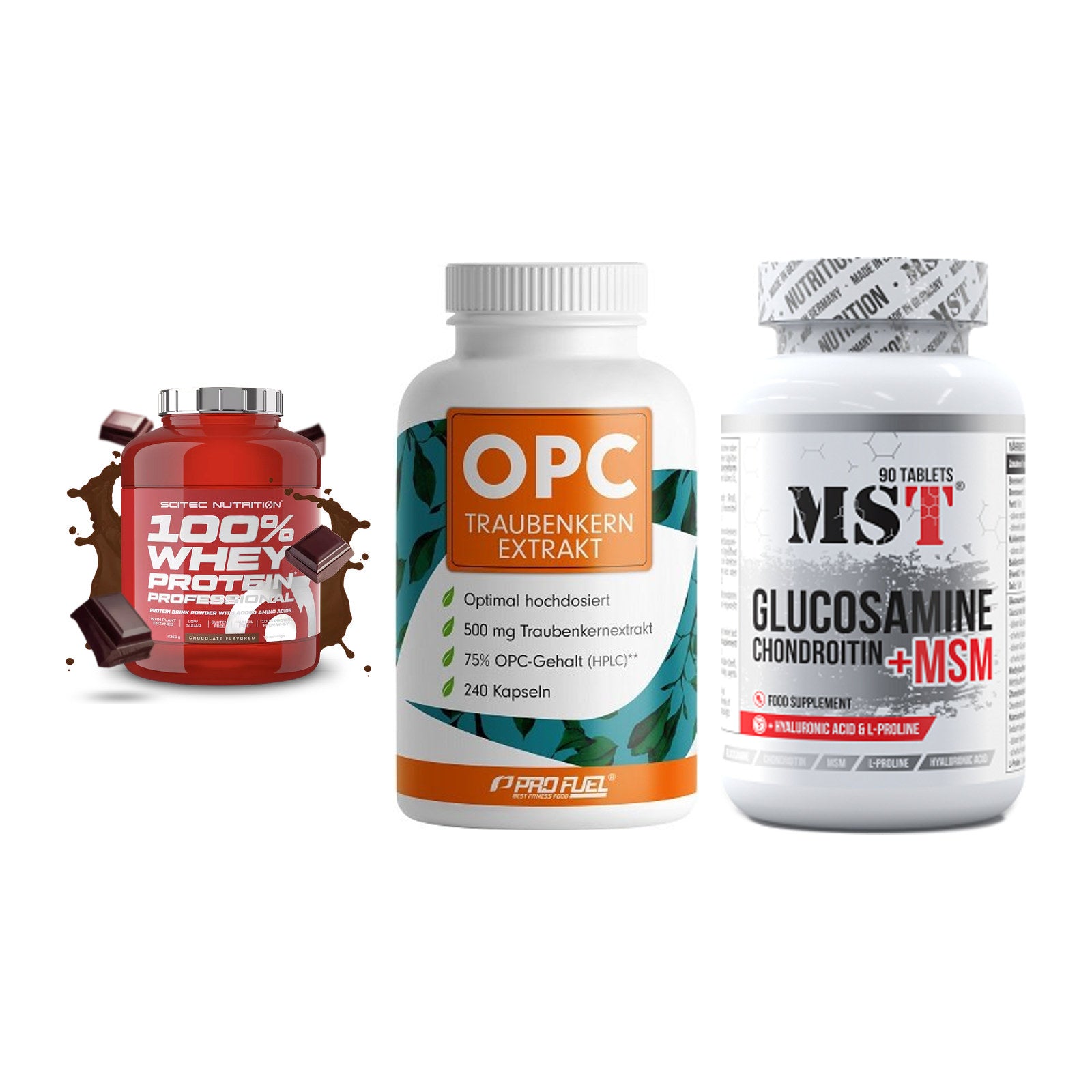 Regenerations-Set: Scitec 100% + ProFuel OPC + MST Glucosamine – alle enthaltenen Artikel
