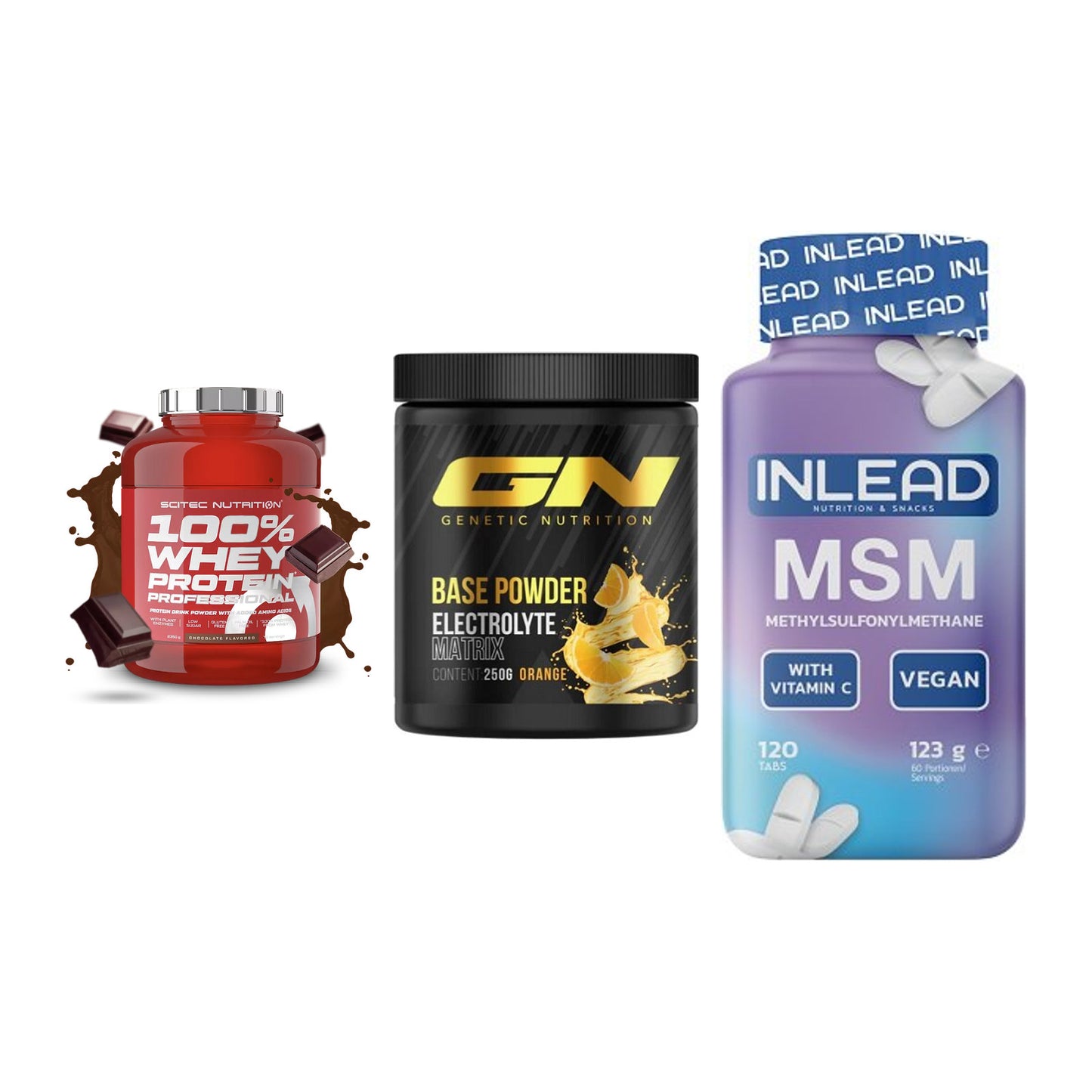 Regenerations-Set: Scitec 100% + GN Base Powder + INLEAD MSM – alle enthaltenen Artikel