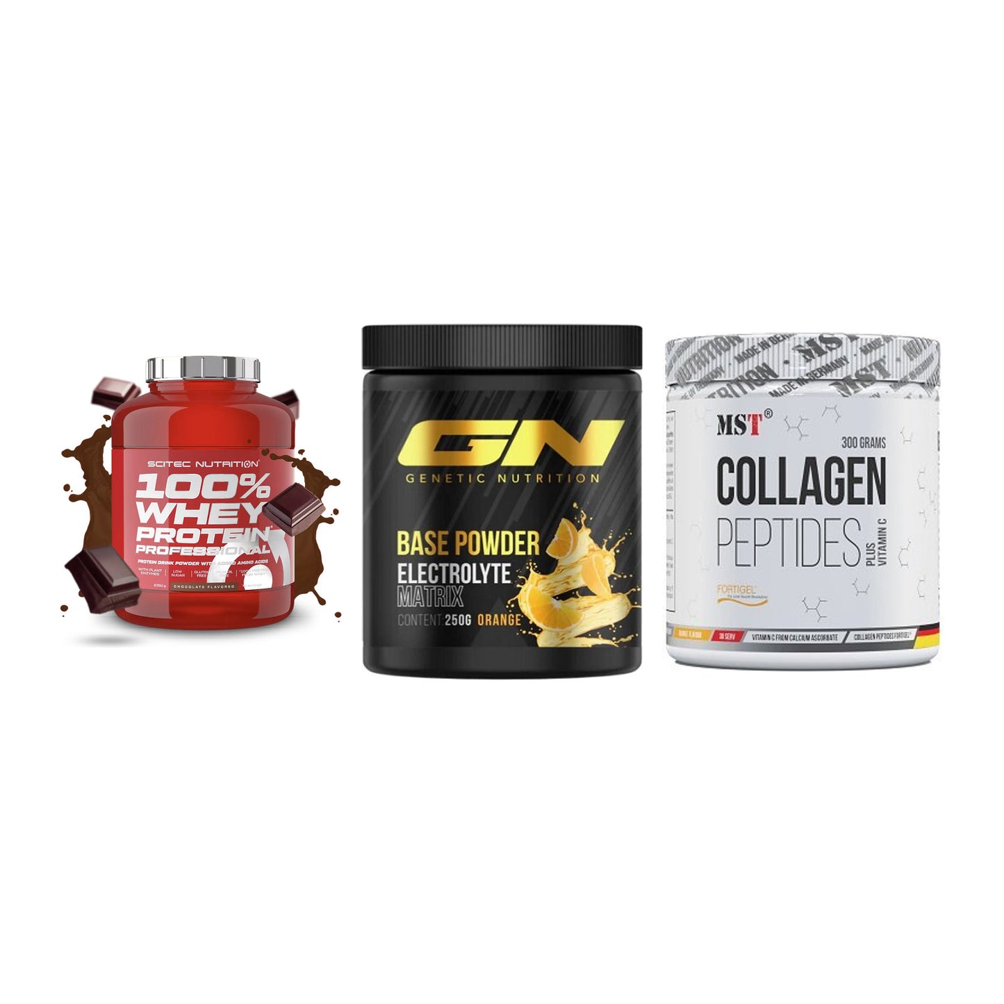 Regenerations-Set: Scitec 100% + GN Base Powder + MST Collagen – alle enthaltenen Artikel