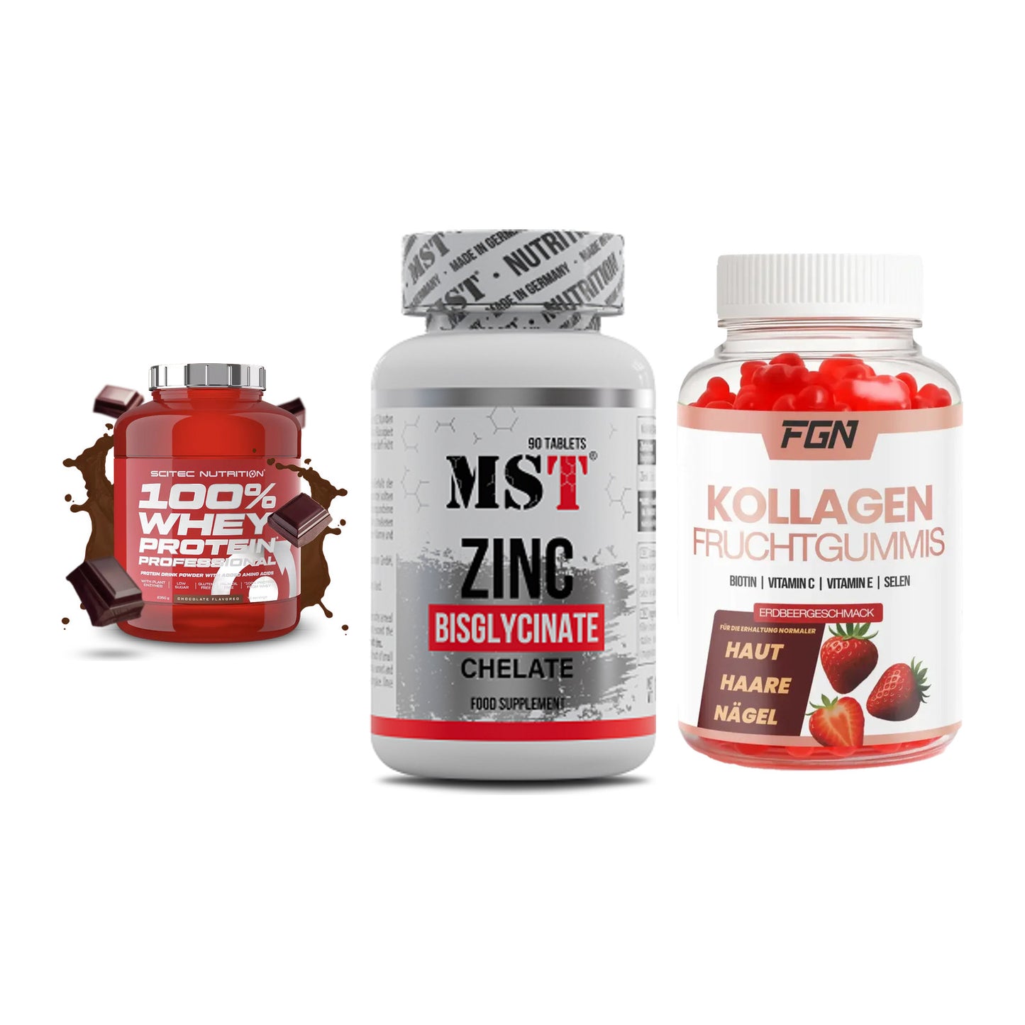 Regenerations-Set: Scitec 100% + MST Zinc + FGN Kollagen 60 – alle enthaltenen Artikel